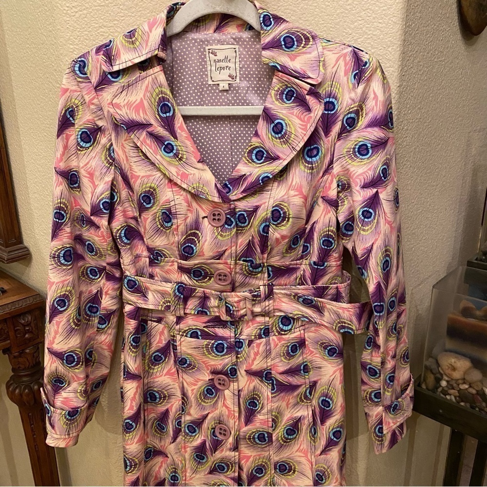 Vintage NANETTE LEPORE Women Colorful Peacock Feather Print Trench Coat Size 4 - Picture 2 of 9